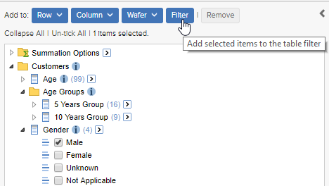 Clicking the add to filter button in the field list