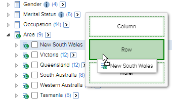 Dragging an item from the Area field to the Row drop zone