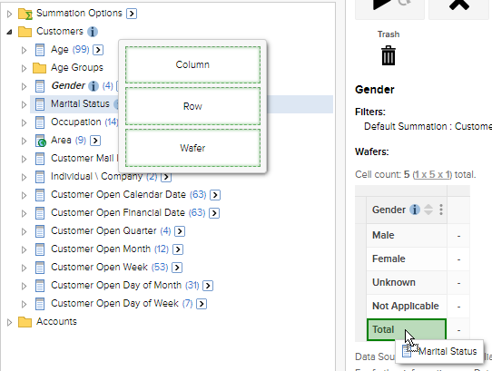 The field list with the Marital Status field being dragged onto the drop zone at the bottom of the table rows